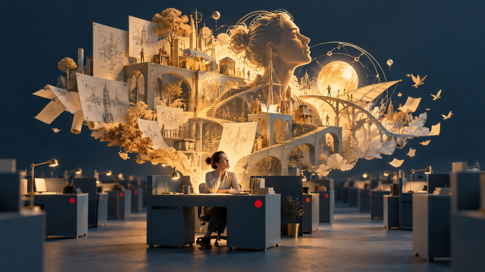 A woman sits at a desk marked with a red dot. A vast golden structure of bridges, sketches and inventions rises above her against a dark office, suggesting human potential larger than the space allotted to it.